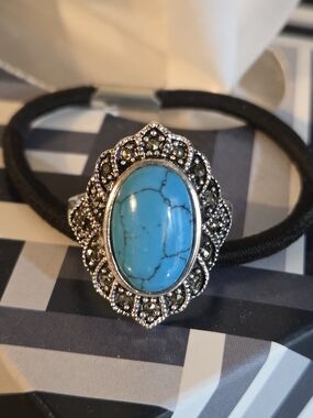 Vintage Art Deco Sterling Silver Marcasite & Faux Turquoise Ring